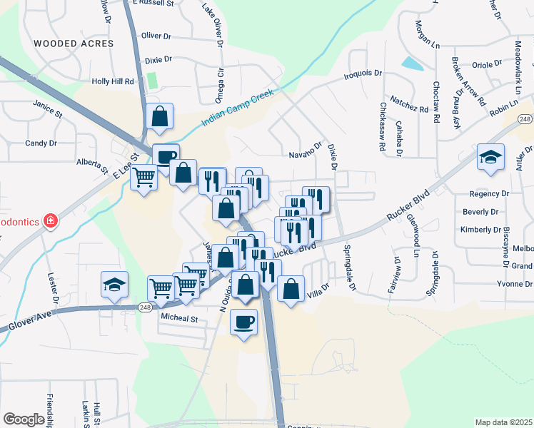 map of restaurants, bars, coffee shops, grocery stores, and more near 710 Boll Weevil Circle in Enterprise