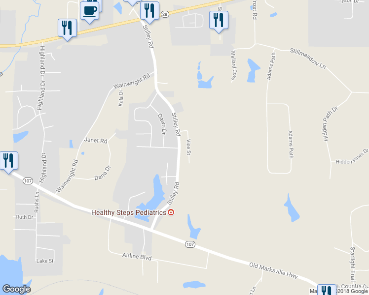 map of restaurants, bars, coffee shops, grocery stores, and more near 260 Stilley Road in Pineville