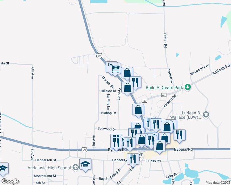 map of restaurants, bars, coffee shops, grocery stores, and more near 1201-1203 Lenora Lane in Andalusia
