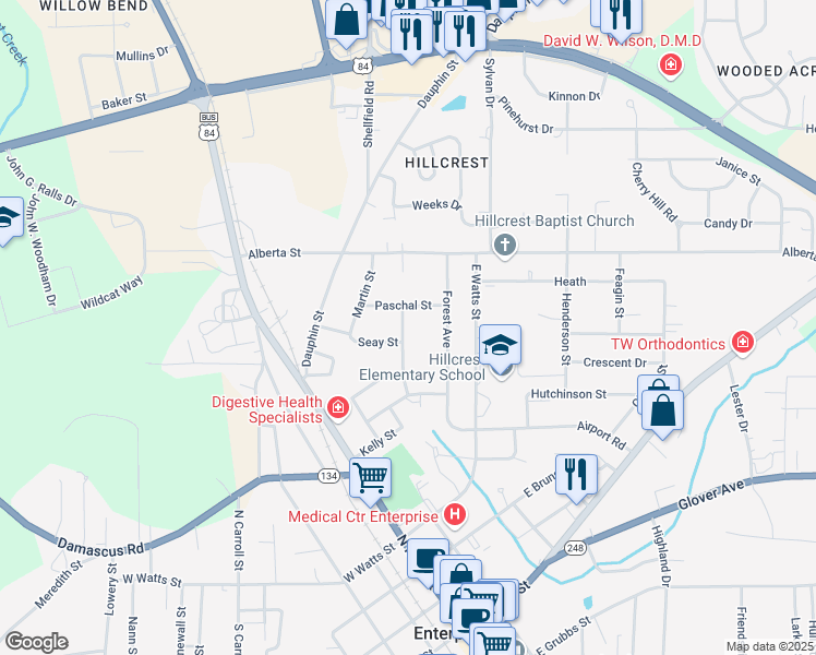 map of restaurants, bars, coffee shops, grocery stores, and more near 502 Mixson Street in Enterprise