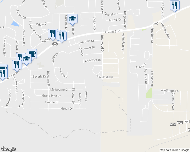 map of restaurants, bars, coffee shops, grocery stores, and more near 64 Woodfield Place in Enterprise