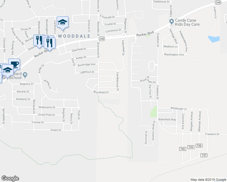 map of restaurants, bars, coffee shops, grocery stores, and more near 131 Candlebrook Drive in Enterprise