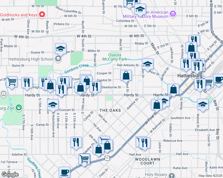 map of restaurants, bars, coffee shops, grocery stores, and more near 701 J C Killingsworth Drive in Hattiesburg