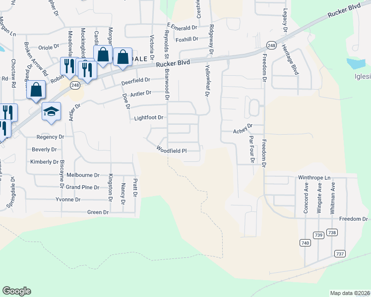 map of restaurants, bars, coffee shops, grocery stores, and more near 137 Woodfield Place in Enterprise