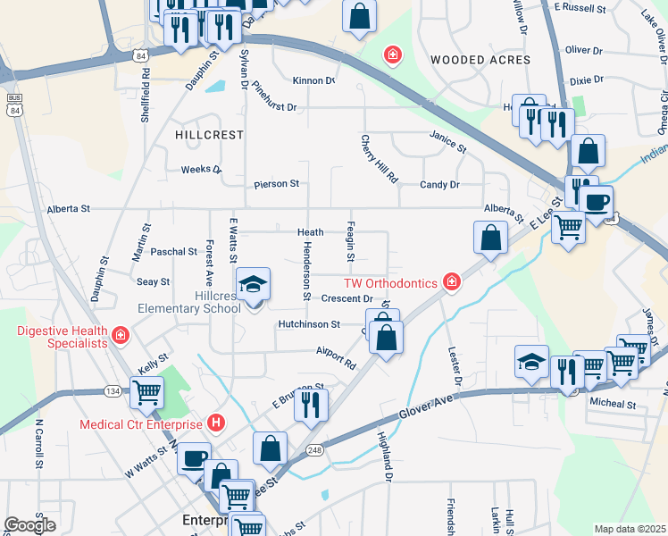 map of restaurants, bars, coffee shops, grocery stores, and more near 204 Andrews Street in Enterprise