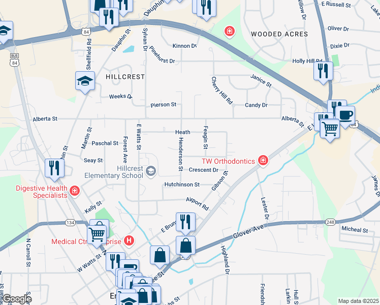 map of restaurants, bars, coffee shops, grocery stores, and more near 204 Andrews Street in Enterprise