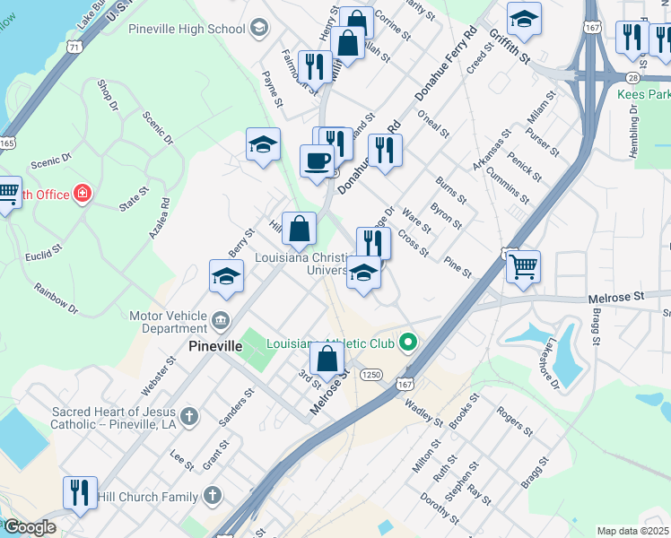 map of restaurants, bars, coffee shops, grocery stores, and more near in Pineville