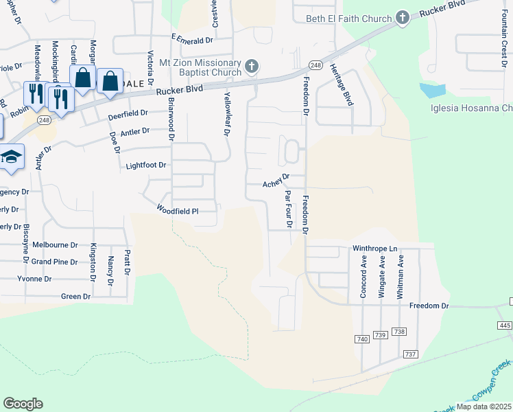 map of restaurants, bars, coffee shops, grocery stores, and more near 156 Morniningdove Way in Enterprise