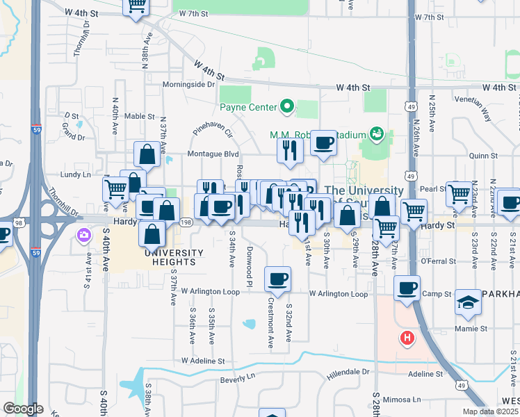 map of restaurants, bars, coffee shops, grocery stores, and more near 100 North 33rd Avenue in Hattiesburg