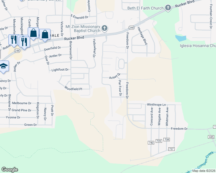 map of restaurants, bars, coffee shops, grocery stores, and more near 156 Morniningdove Way in Enterprise