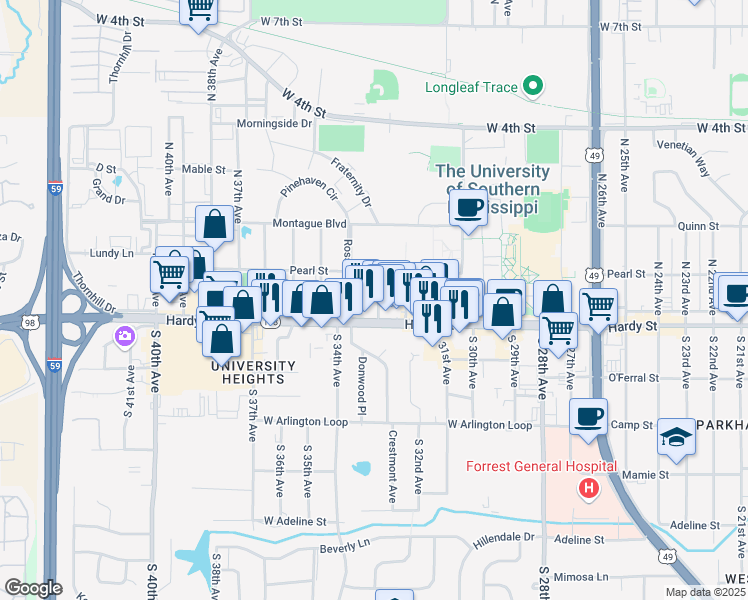 map of restaurants, bars, coffee shops, grocery stores, and more near 100 North 33rd Avenue in Hattiesburg