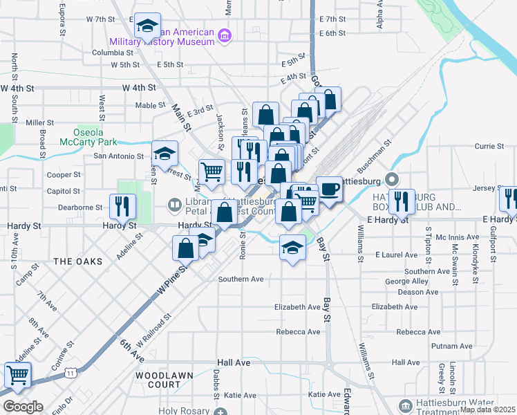 map of restaurants, bars, coffee shops, grocery stores, and more near West Front Street in Hattiesburg