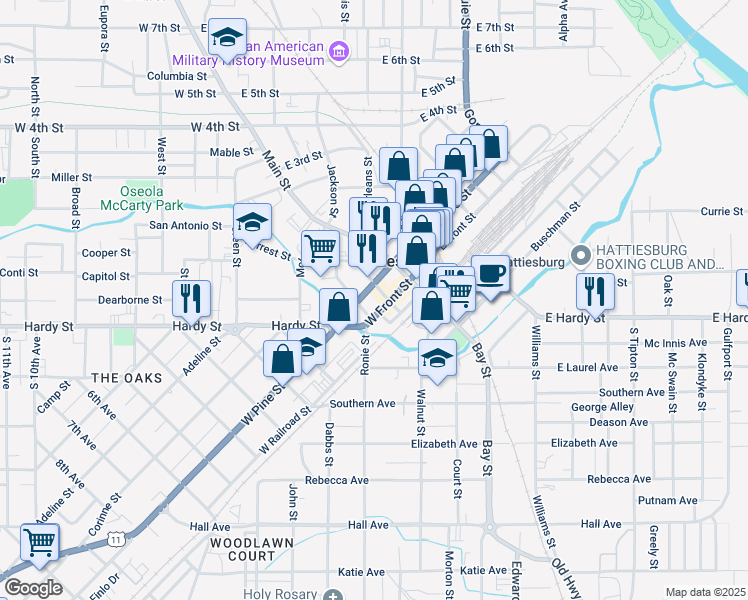 map of restaurants, bars, coffee shops, grocery stores, and more near 208 West Pine Street in Hattiesburg