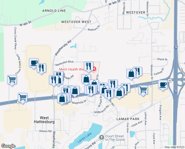 map of restaurants, bars, coffee shops, grocery stores, and more near 5001 Hardy Street in Hattiesburg