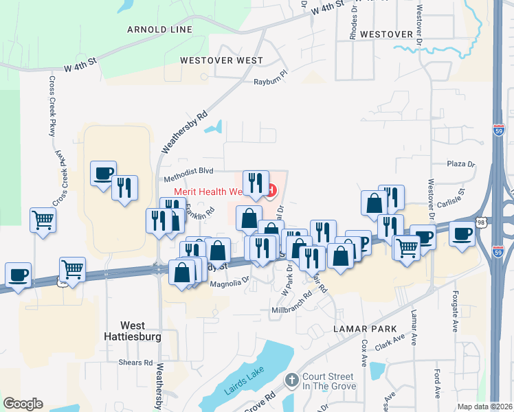 map of restaurants, bars, coffee shops, grocery stores, and more near 5001 Hardy Street in Hattiesburg