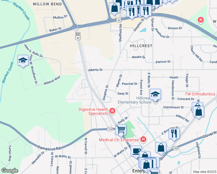 map of restaurants, bars, coffee shops, grocery stores, and more near 130 Dauphin Street in Enterprise