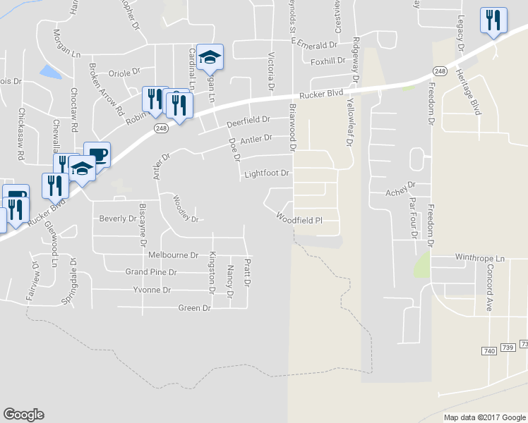 map of restaurants, bars, coffee shops, grocery stores, and more near 52 Woodfield Place in Enterprise
