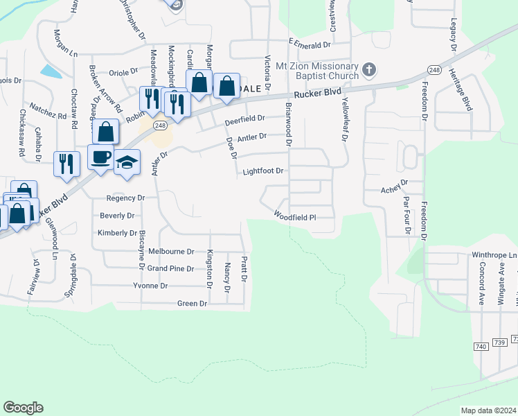 map of restaurants, bars, coffee shops, grocery stores, and more near 52 Woodfield Place in Enterprise