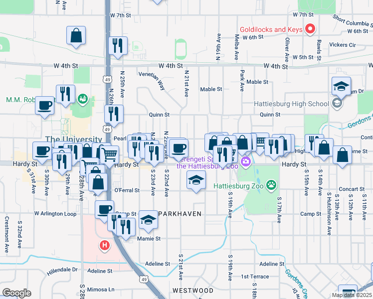 map of restaurants, bars, coffee shops, grocery stores, and more near 110 N 20th Ave in Hattiesburg