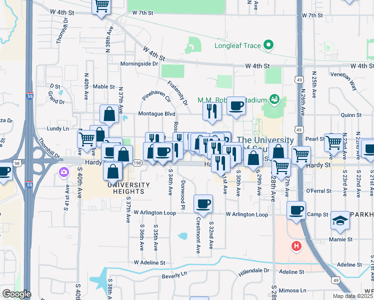 map of restaurants, bars, coffee shops, grocery stores, and more near 100 North 33rd Avenue in Hattiesburg