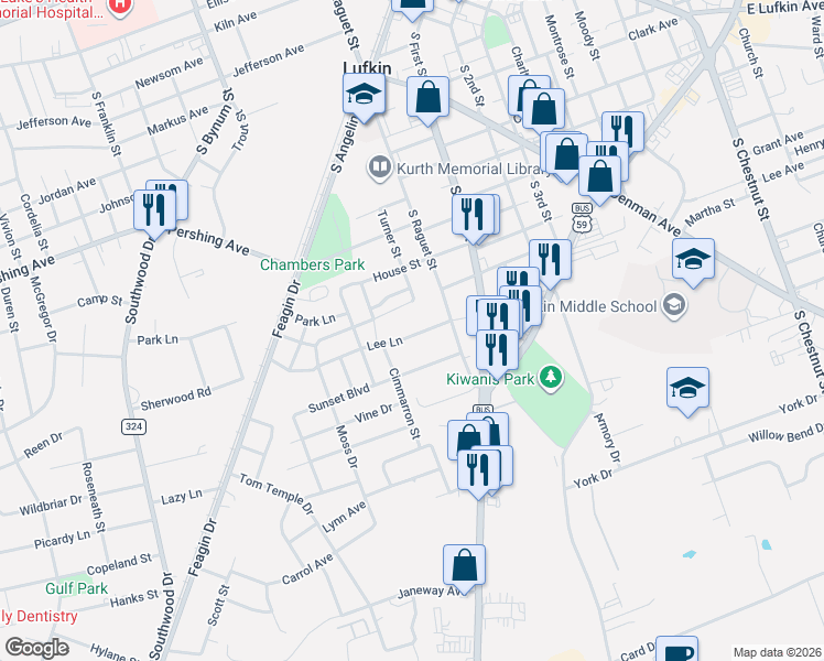 map of restaurants, bars, coffee shops, grocery stores, and more near 260 L L Lane in Lufkin