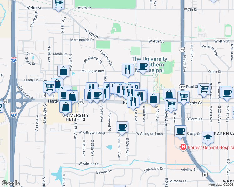 map of restaurants, bars, coffee shops, grocery stores, and more near 100 North 33rd Avenue in Hattiesburg