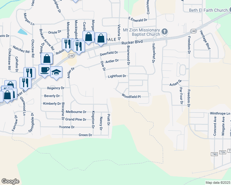 map of restaurants, bars, coffee shops, grocery stores, and more near 52 Woodfield Place in Enterprise