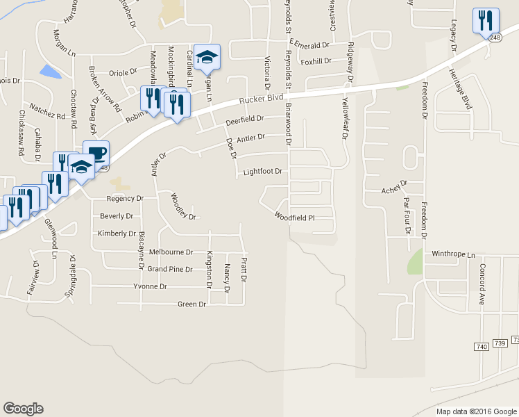 map of restaurants, bars, coffee shops, grocery stores, and more near 50 Woodfield Place in Enterprise