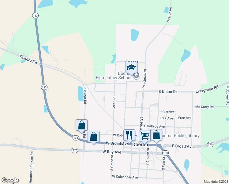 map of restaurants, bars, coffee shops, grocery stores, and more near Green Street in Doerun