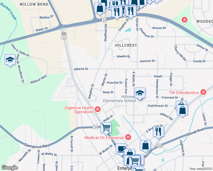 map of restaurants, bars, coffee shops, grocery stores, and more near 102 Paschal St in Enterprise