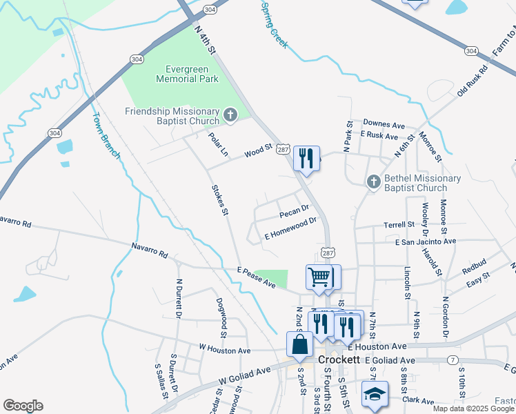 map of restaurants, bars, coffee shops, grocery stores, and more near 115 North Pineview Drive in Crockett