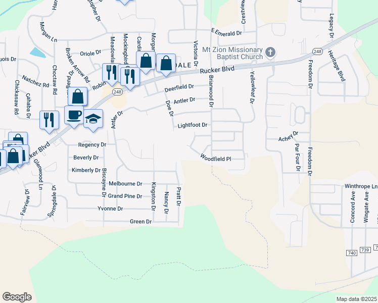 map of restaurants, bars, coffee shops, grocery stores, and more near 48 Woodfield Place in Enterprise