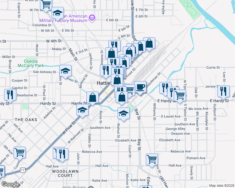 map of restaurants, bars, coffee shops, grocery stores, and more near in Hattiesburg