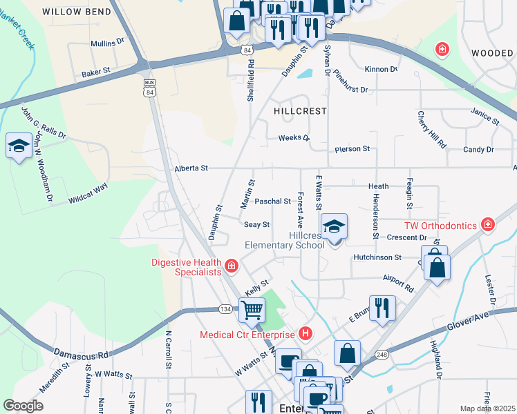 map of restaurants, bars, coffee shops, grocery stores, and more near 102 Paschal Street in Enterprise