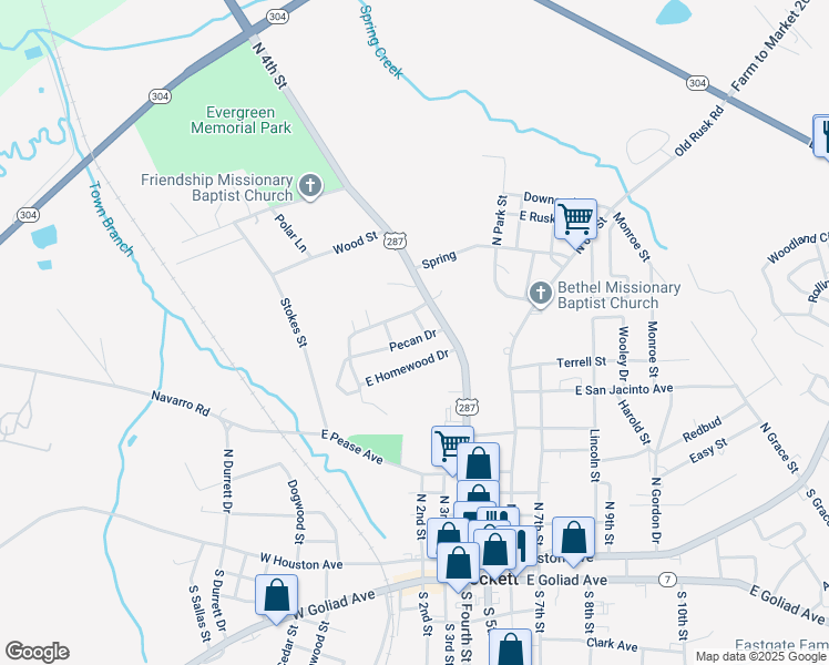 map of restaurants, bars, coffee shops, grocery stores, and more near 304 Pecan Drive in Crockett