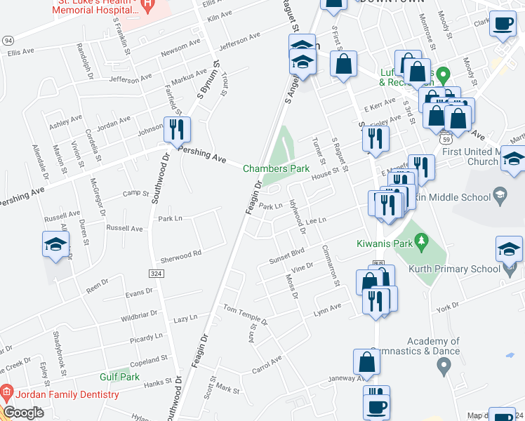 map of restaurants, bars, coffee shops, grocery stores, and more near 502 Glenwood Court in Lufkin