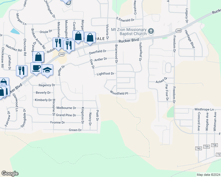 map of restaurants, bars, coffee shops, grocery stores, and more near 114 Pineridge Drive in Enterprise
