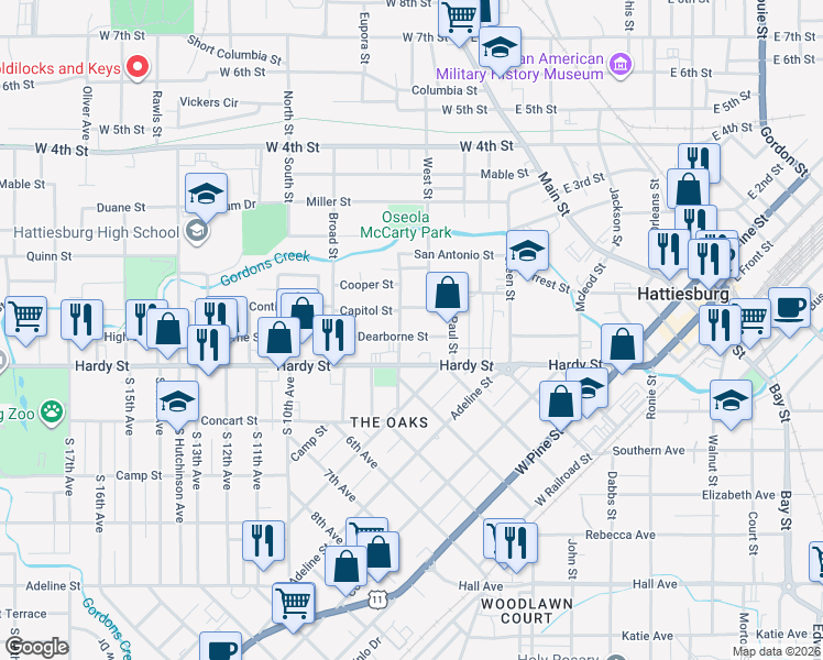 map of restaurants, bars, coffee shops, grocery stores, and more near 701 JC Killingsworth Drive in Hattiesburg