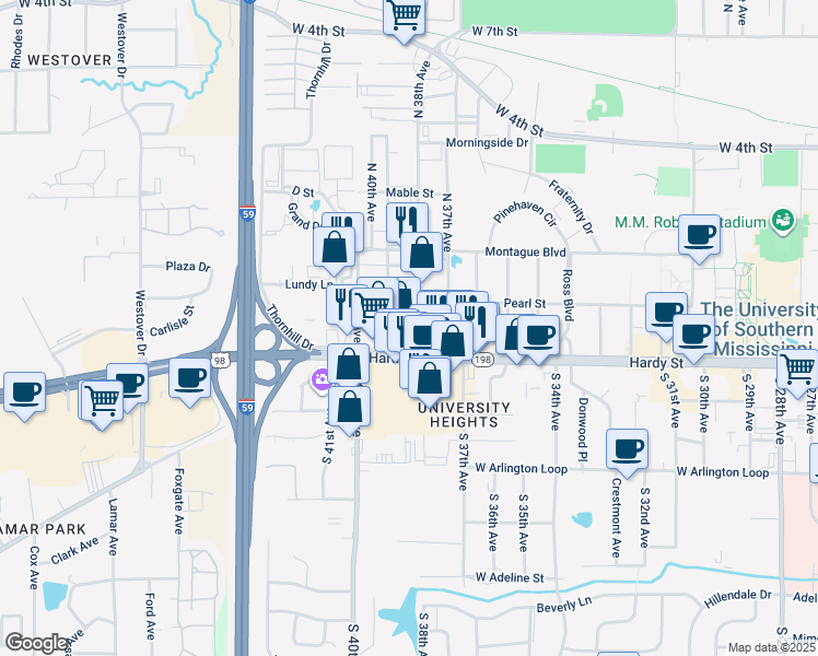 map of restaurants, bars, coffee shops, grocery stores, and more near 106 North 38th Avenue in Hattiesburg