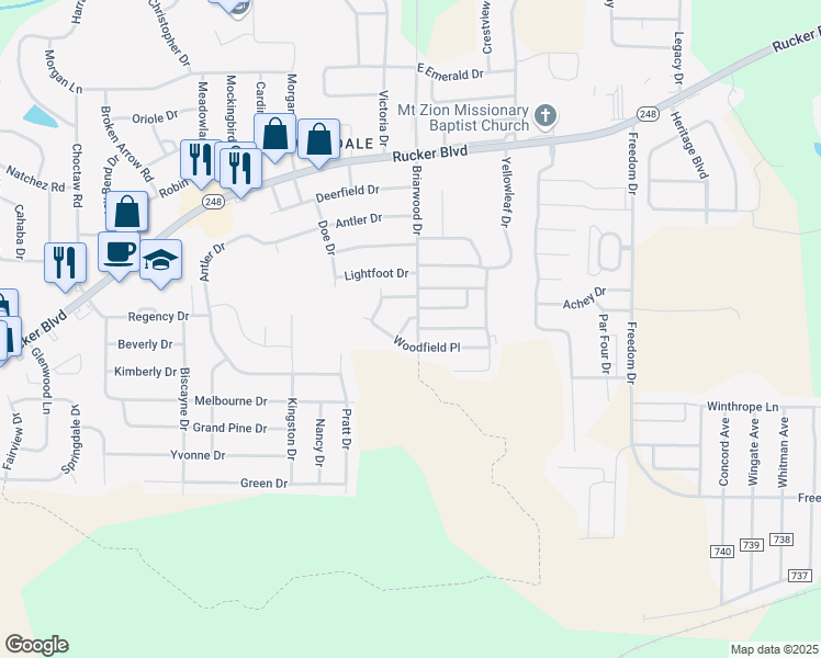 map of restaurants, bars, coffee shops, grocery stores, and more near 114 Pineridge Drive in Enterprise