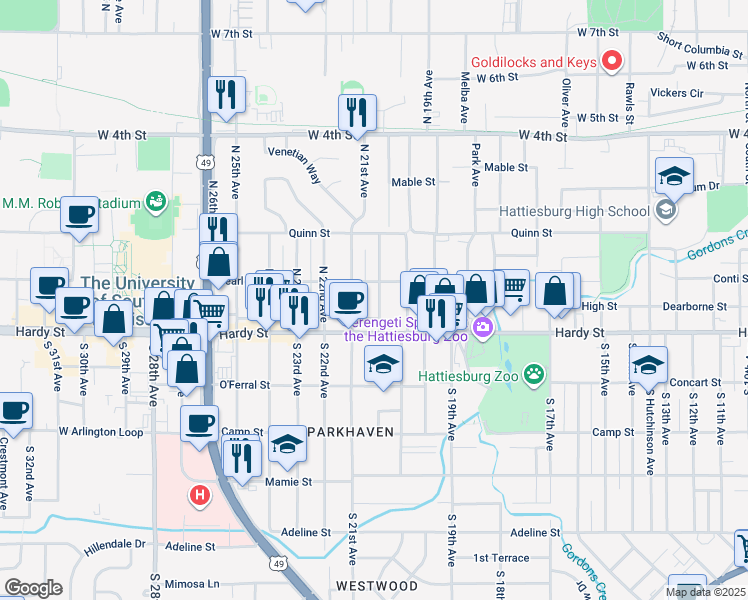 map of restaurants, bars, coffee shops, grocery stores, and more near 110 N 20th Ave in Hattiesburg
