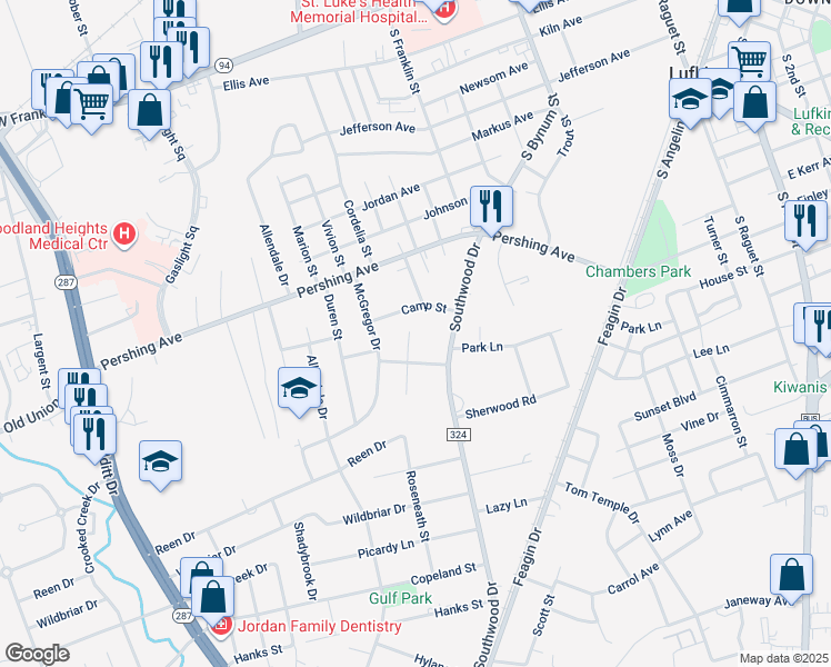 map of restaurants, bars, coffee shops, grocery stores, and more near 1017 Annette Street in Lufkin