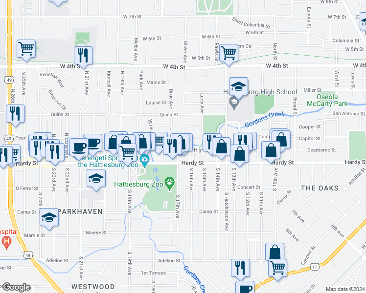 map of restaurants, bars, coffee shops, grocery stores, and more near 1605 High Street in Hattiesburg