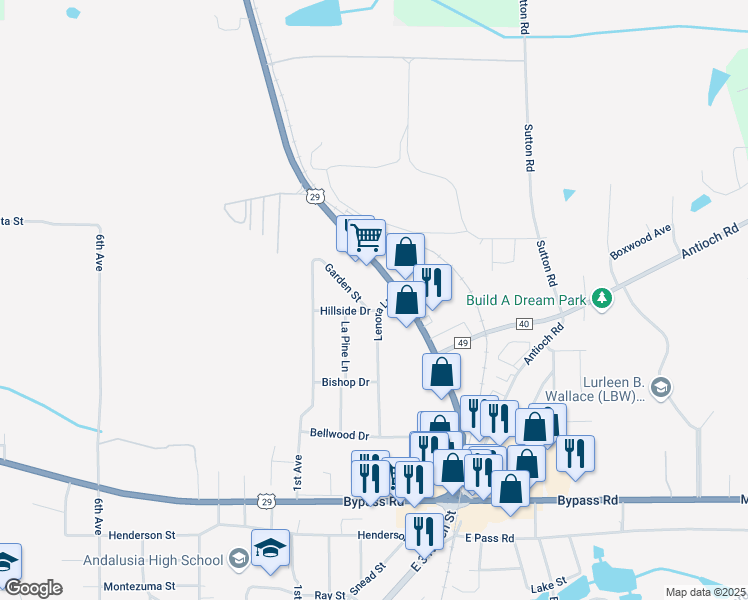 map of restaurants, bars, coffee shops, grocery stores, and more near 1201 Lenora Lane in Andalusia