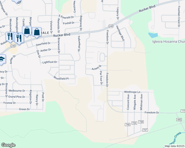 map of restaurants, bars, coffee shops, grocery stores, and more near 156 Morniningdove Way in Enterprise