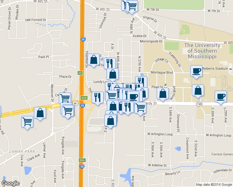 map of restaurants, bars, coffee shops, grocery stores, and more near 103 North 40th Avenue in Hattiesburg