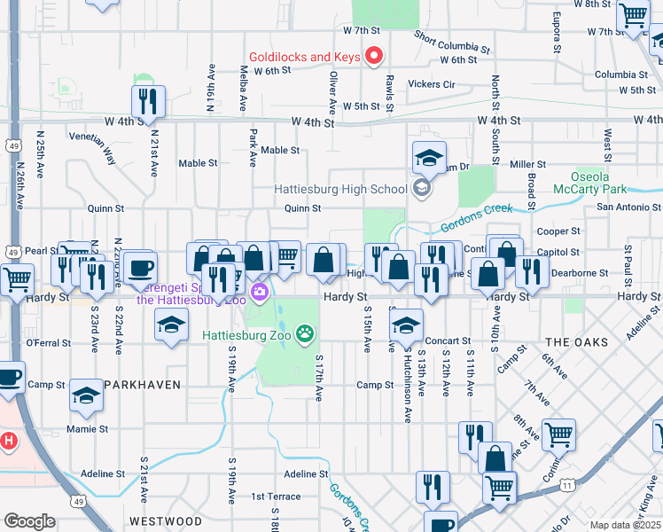 map of restaurants, bars, coffee shops, grocery stores, and more near 1605 High Street in Hattiesburg