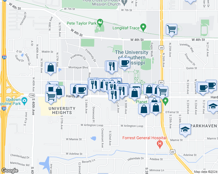 map of restaurants, bars, coffee shops, grocery stores, and more near 115 North 32nd Avenue in Hattiesburg