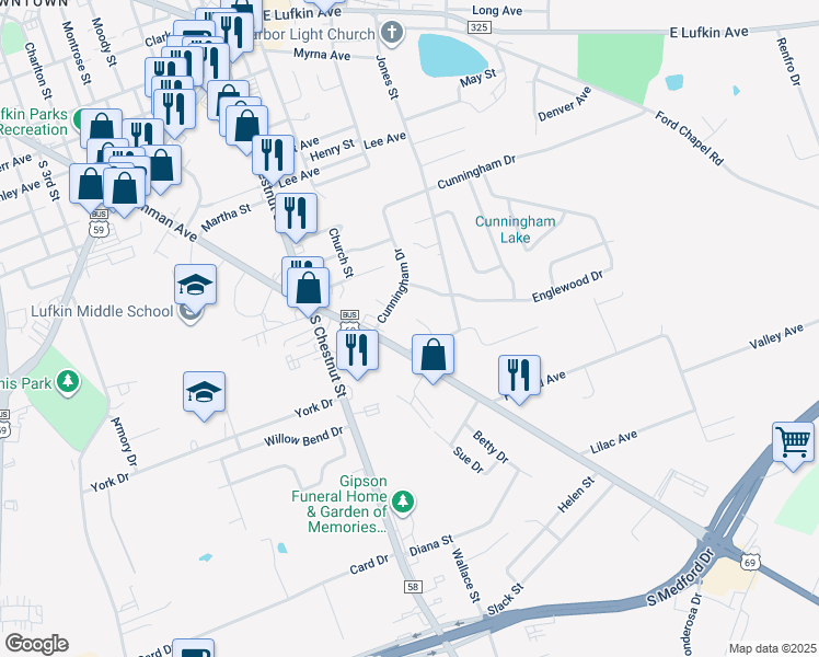 map of restaurants, bars, coffee shops, grocery stores, and more near 7 Lazy Oaks Street in Lufkin