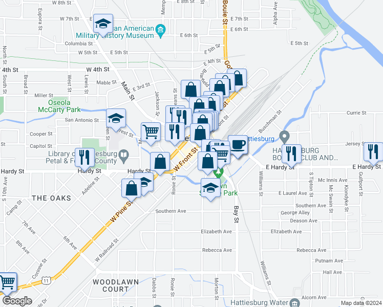 map of restaurants, bars, coffee shops, grocery stores, and more near West Front Street in Hattiesburg